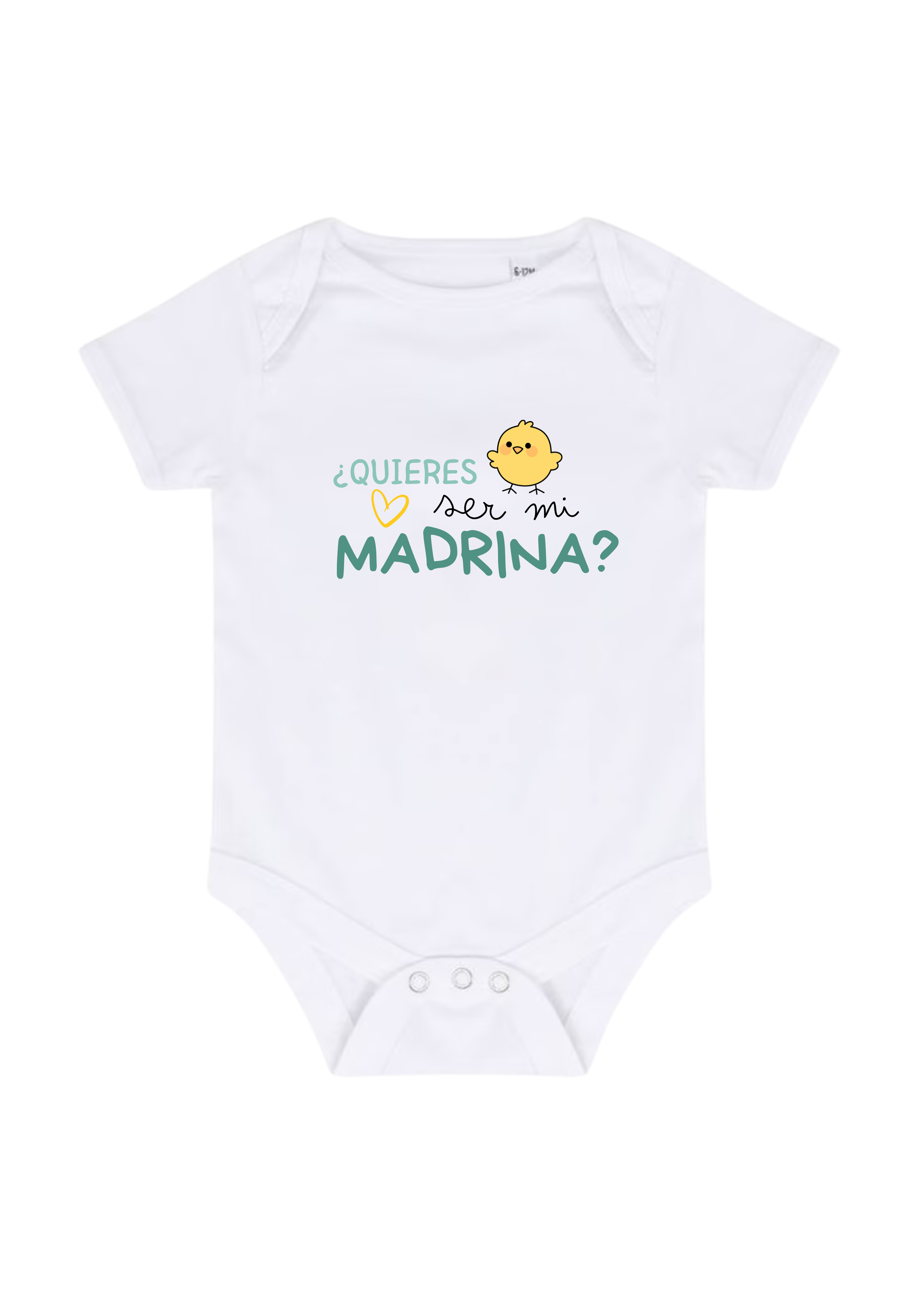 Body bebé blanco con frase “¿Quieres ser mi madrina?” y dibujo de pollito.