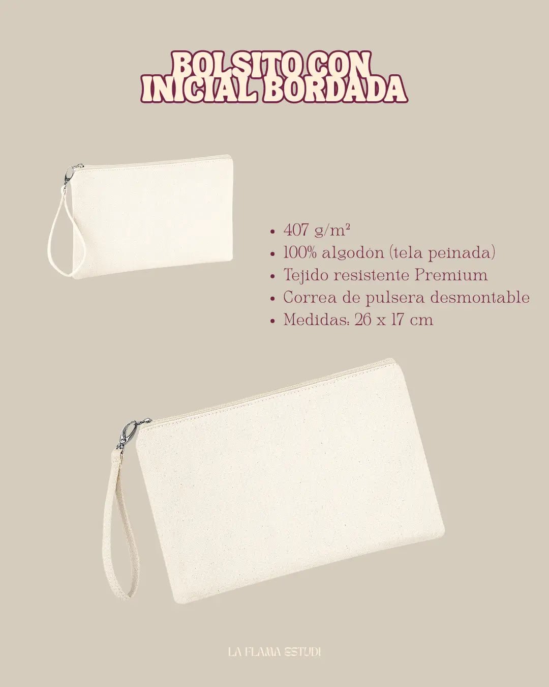 Bolsito de mano con inicial floral bordada - LA FLAMA ESTUDI | Bordados personalizados