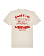 Camiseta off white Good Vibes con ilustración cartoon
