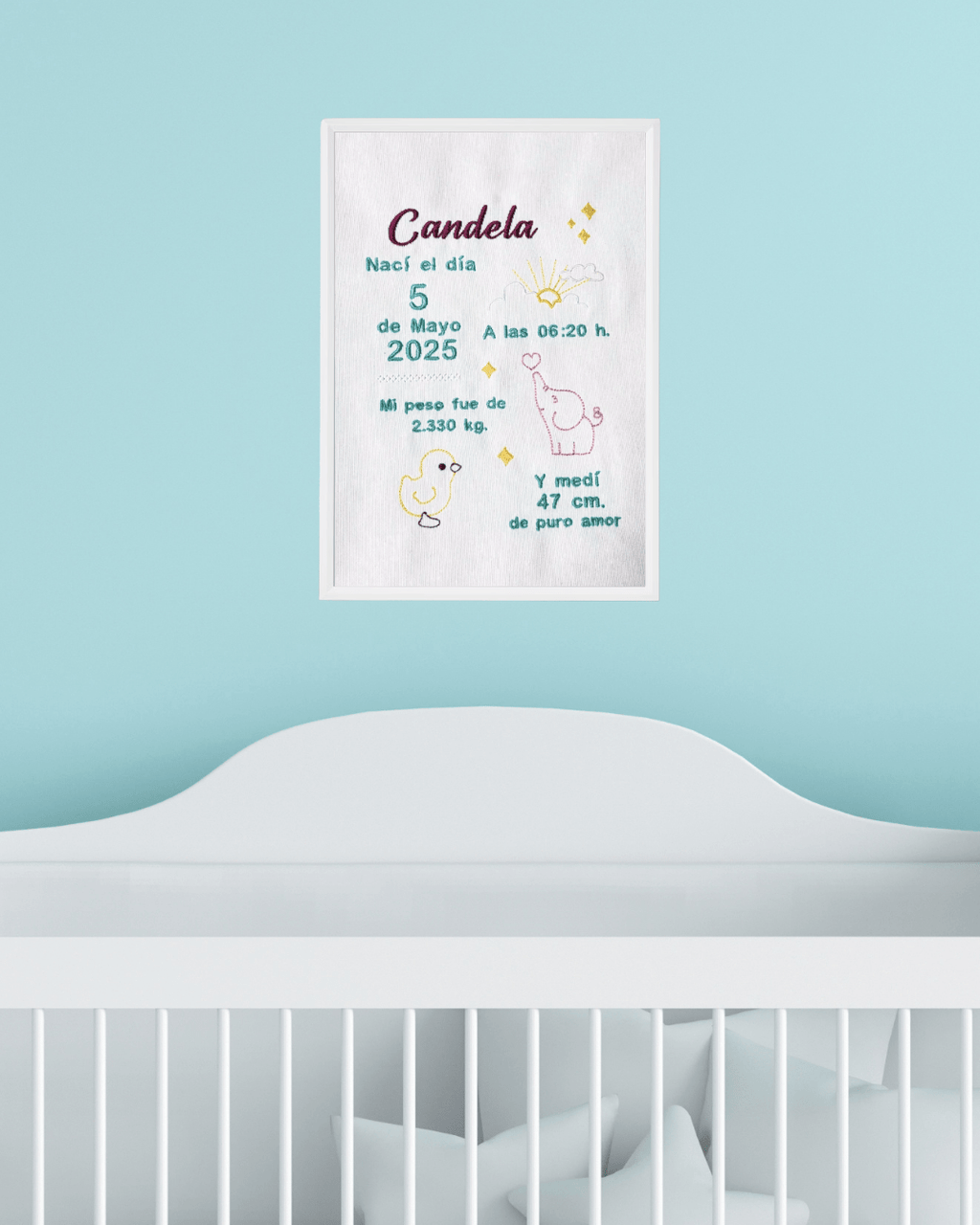 Cuadro Natalicio Bordado Personalizado – Datos del Bebé - LA FLAMA ESTUDI | Bordados personalizados