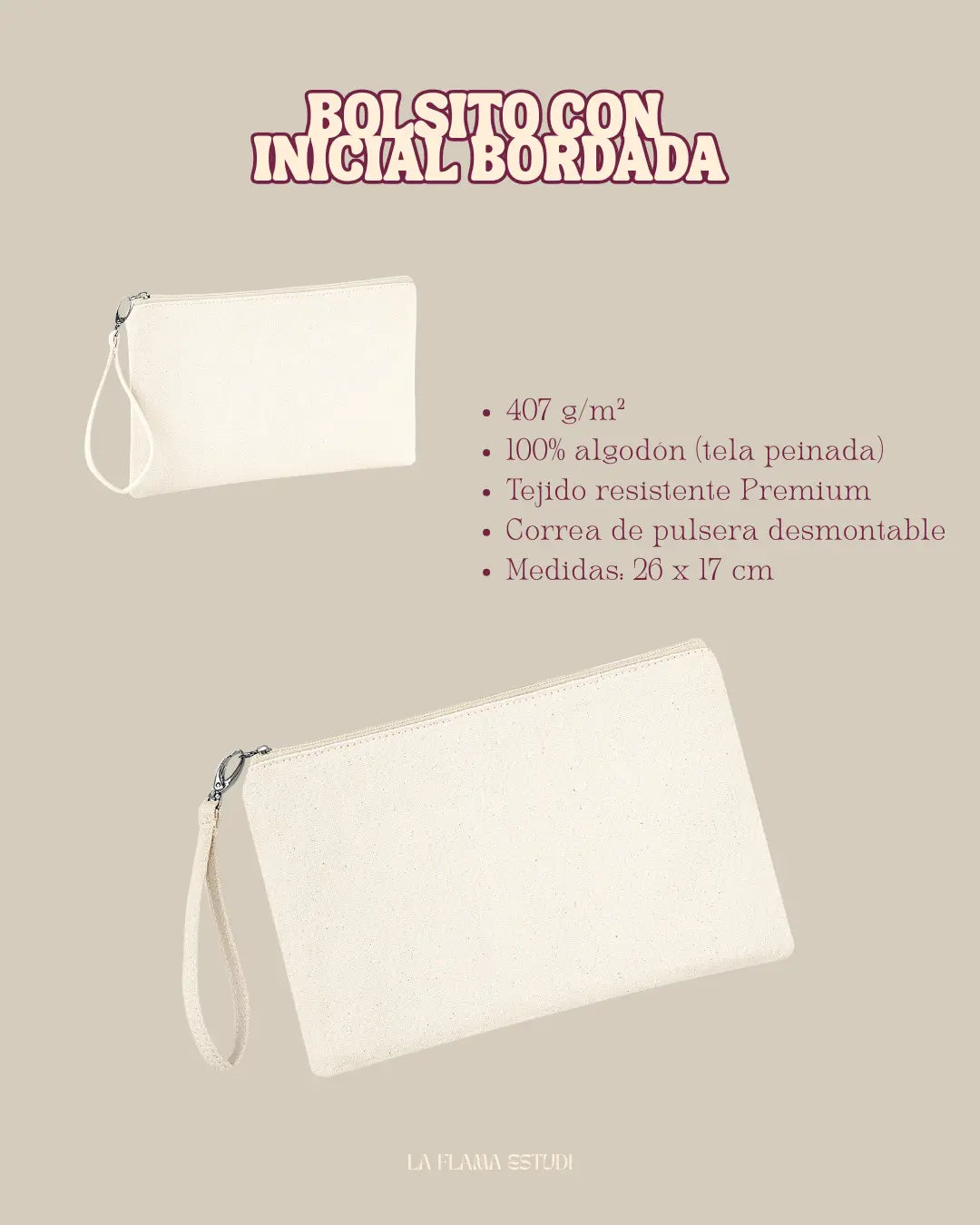 neceser de mano con la inicial del nombre bordada
