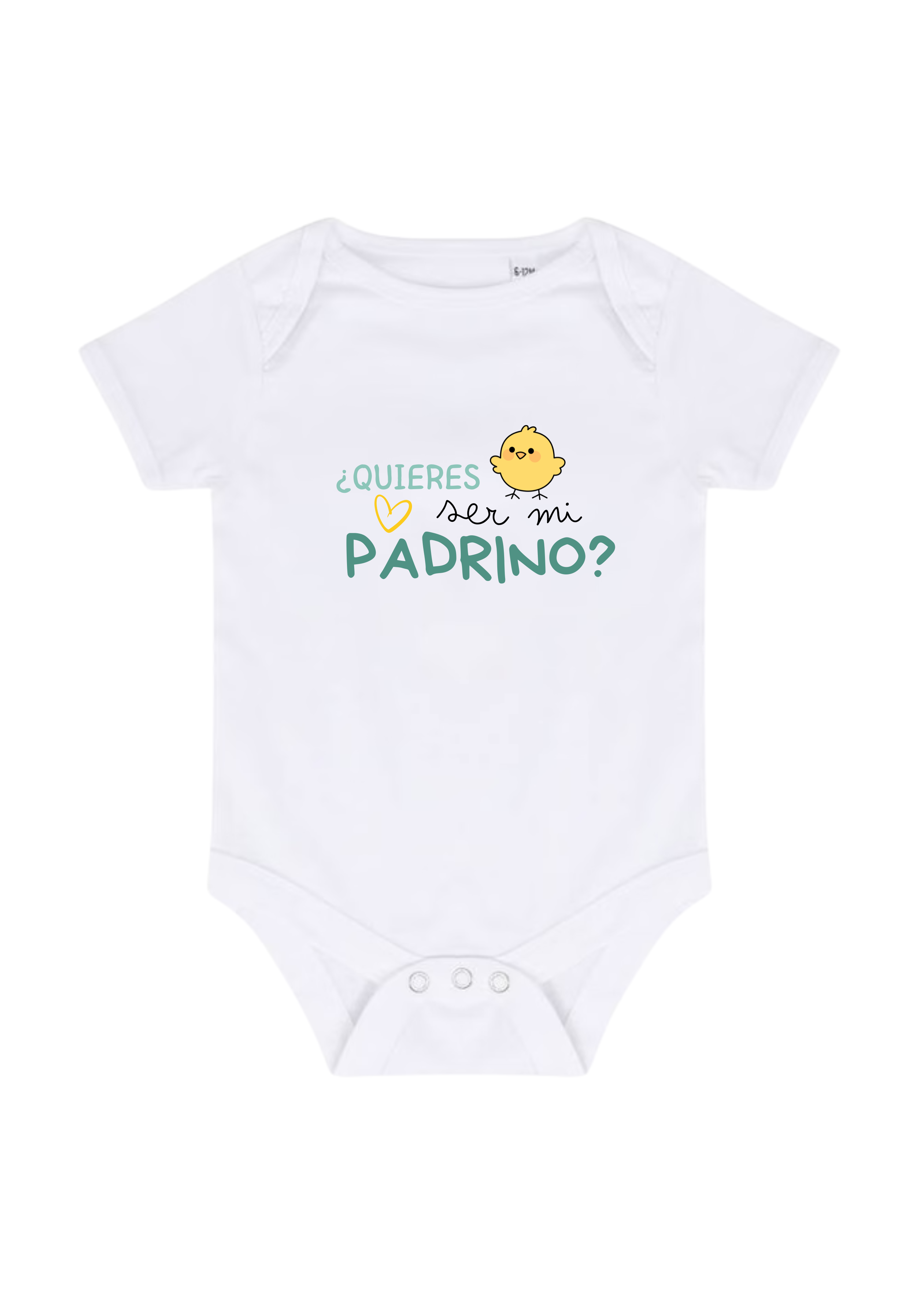 Body bebé blanco con frase “¿Quieres ser mi padrino?” y dibujo de pollito.