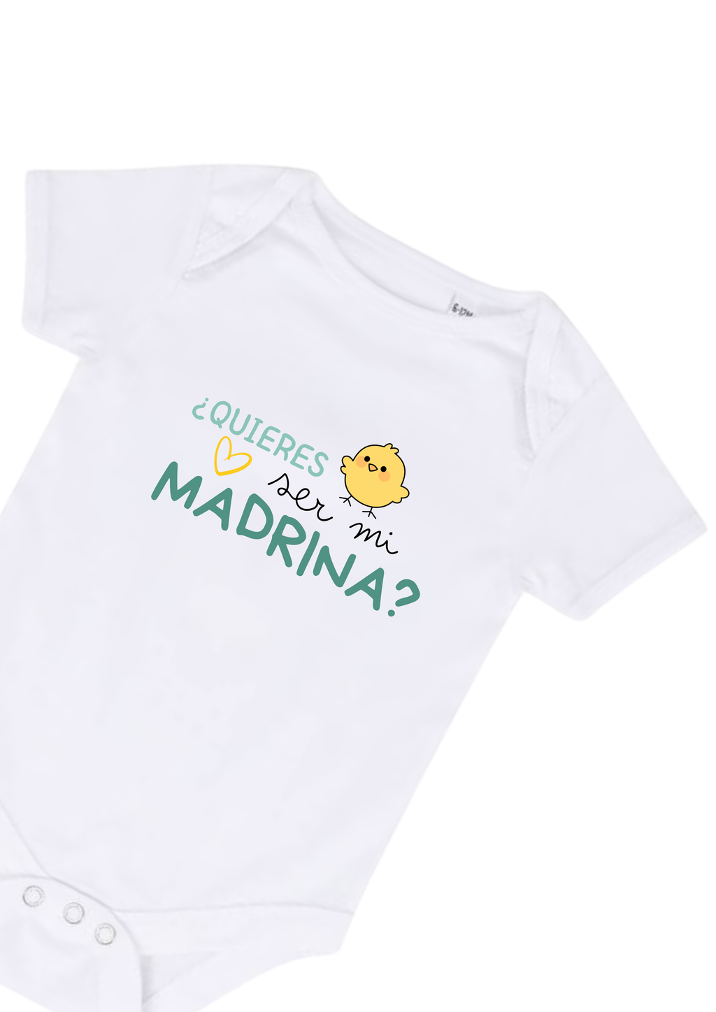 Detalle de body bebé para pedir ser madrina con corazón amarillo y pollito.