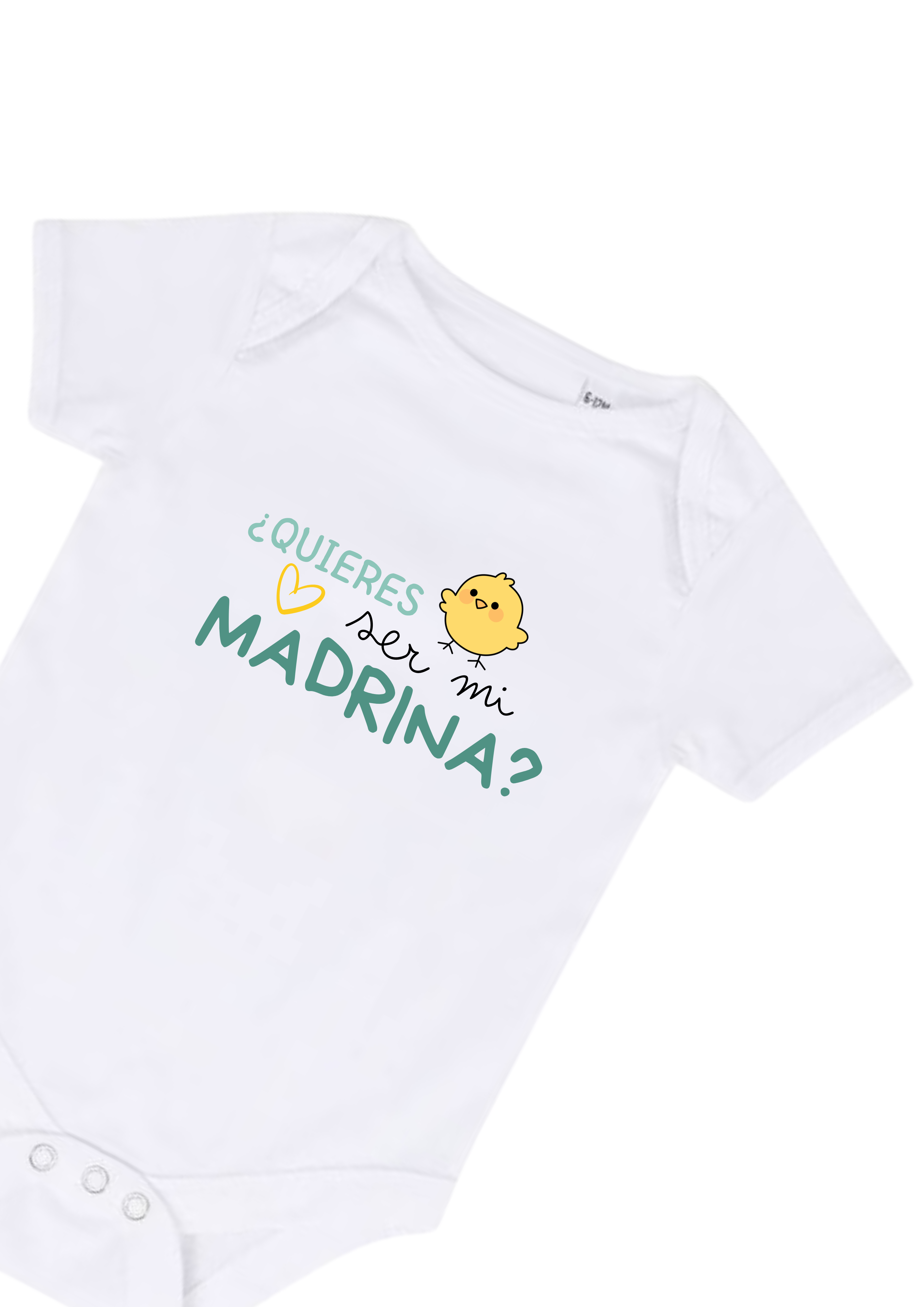Detalle de body bebé para pedir ser madrina con corazón amarillo y pollito.