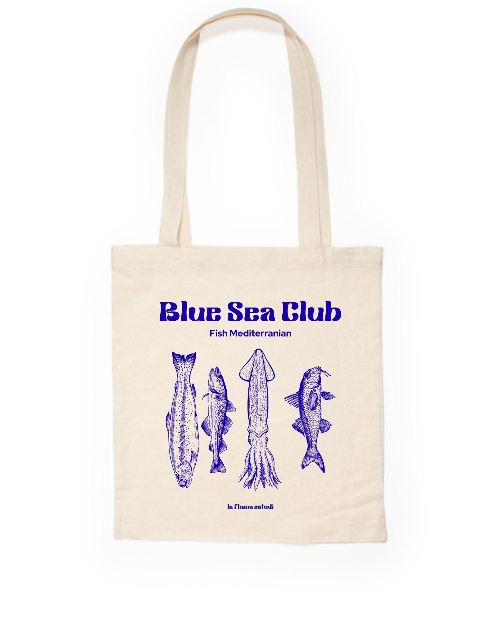 Tote Bag Blue Sea Club – Fish Mediterranian - LA FLAMA ESTUDI | Bordados personalizados