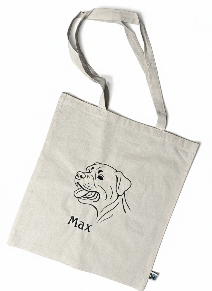 Totebag personalizada con el bordado lineal de tu mascota y nombre - LA FLAMA ESTUDI | Bordados personalizados